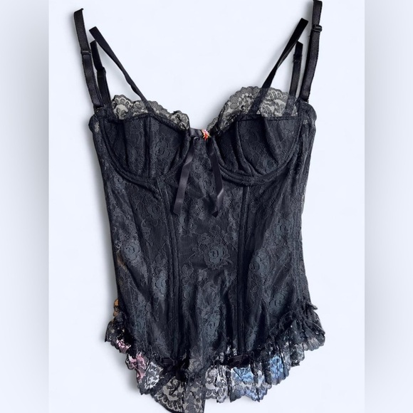 Vintage 90s La Vie En Rose Corset Black Lace Floral Bow Bustier Lingerie 36B - Picture 2 of 11